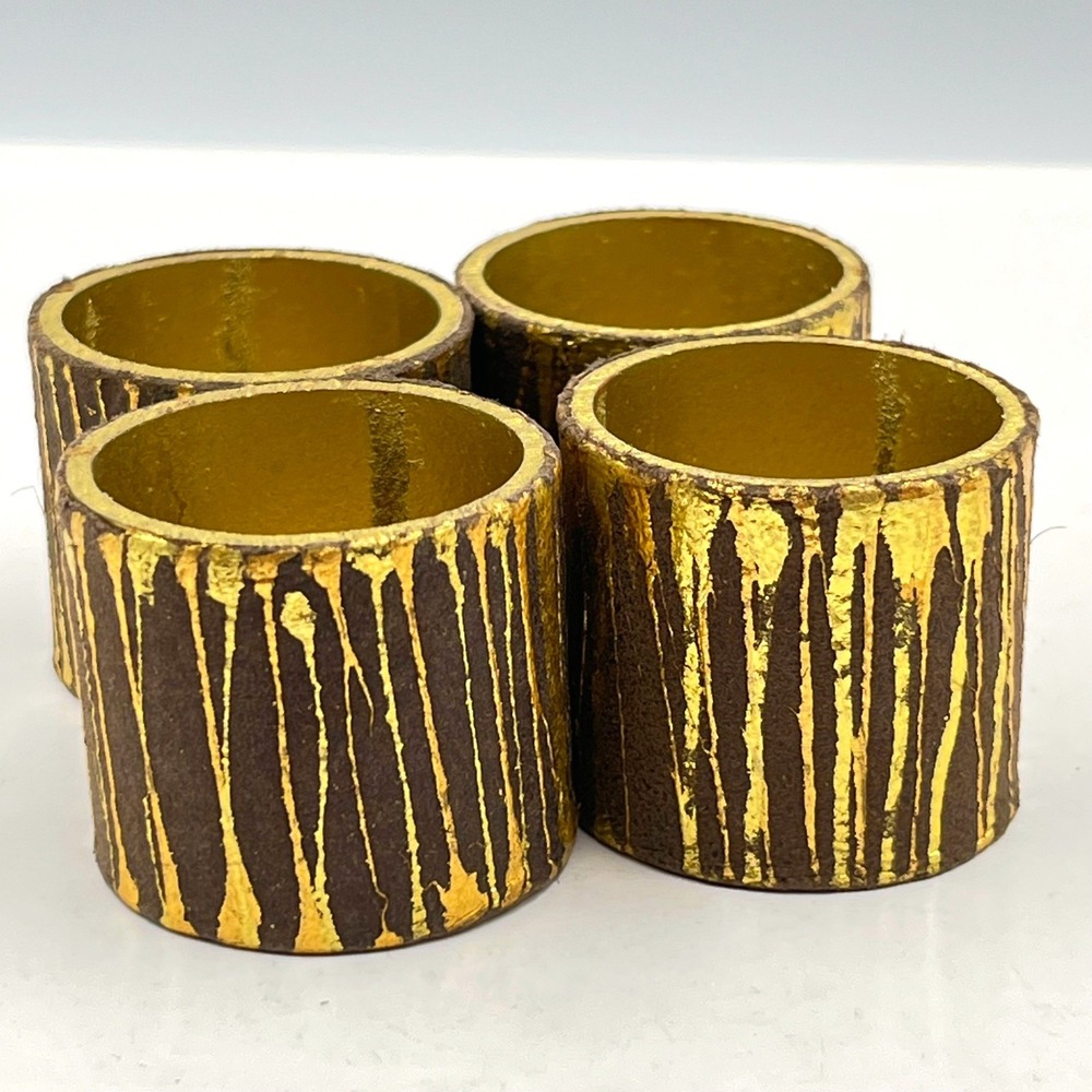 Vintage Kim Seybert Gold & Brown Wood Bark Texture Napkin Rings, Set of 4